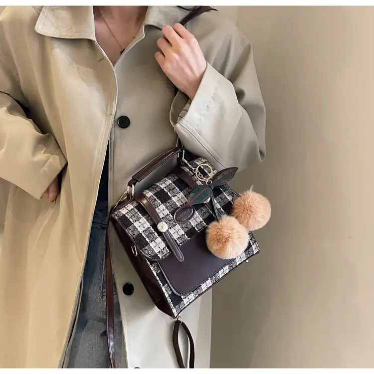 Women's 2025 Crossbody Bag Brown Plaid Pom Pom — feature 43