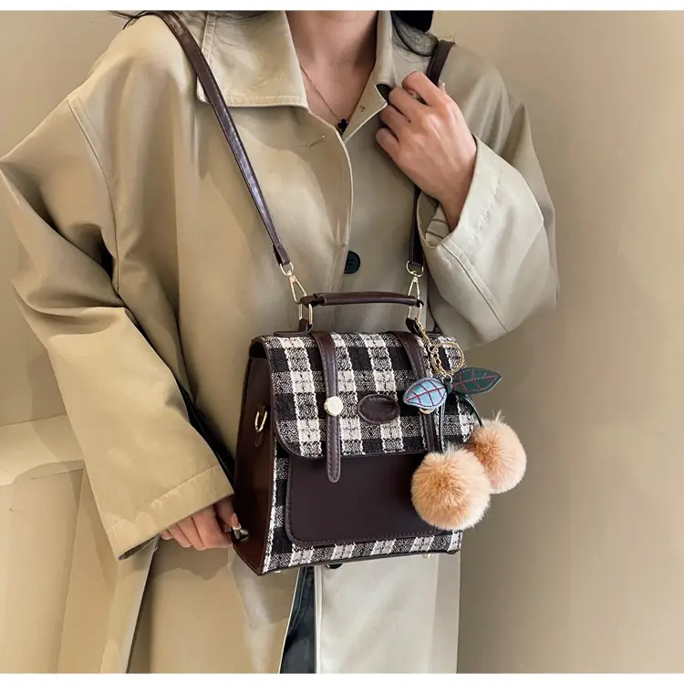 Women's 2025 Crossbody Bag Brown Plaid Pom Pom — feature 44