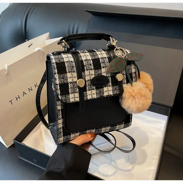 Women's 2025 Crossbody Bag Brown Plaid Pom Pom — feature 45