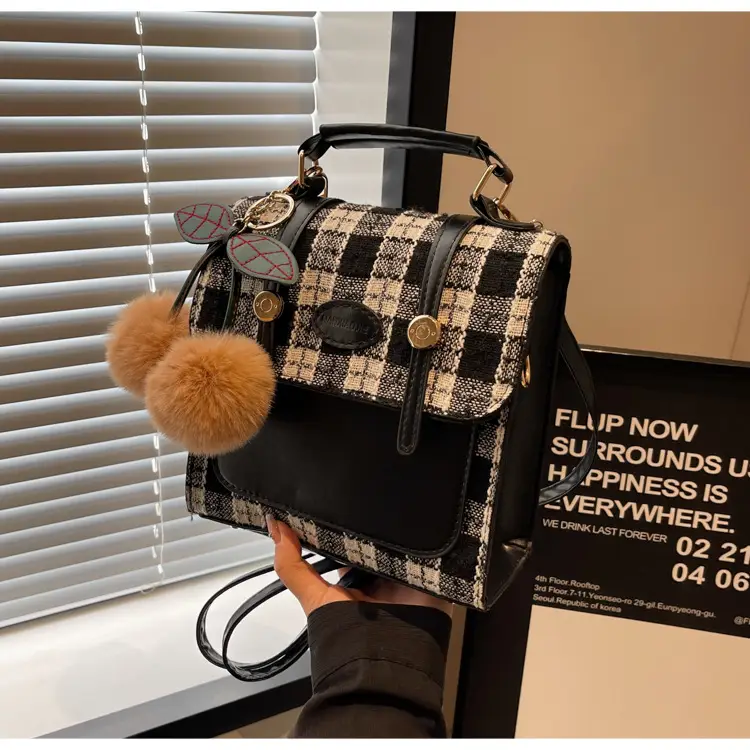 Women's 2025 Crossbody Bag Brown Plaid Pom Pom — feature 46