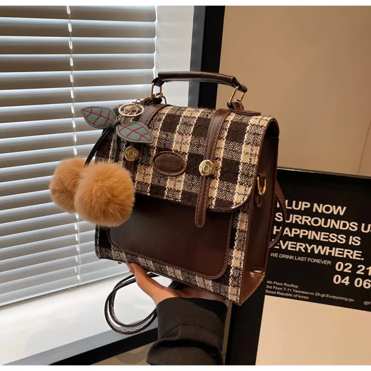 Women's 2025 Crossbody Bag Brown Plaid Pom Pom — feature 47