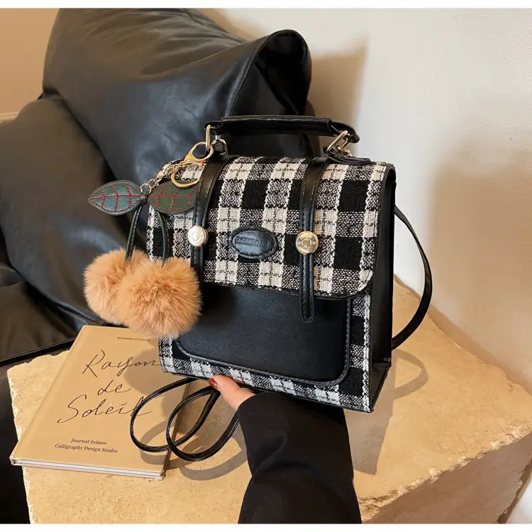 Women's 2025 Crossbody Bag Brown Plaid Pom Pom — feature 48