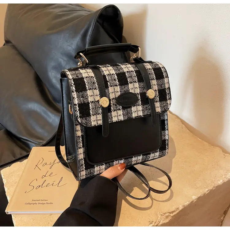 Women's 2025 Crossbody Bag Brown Plaid Pom Pom — feature 49