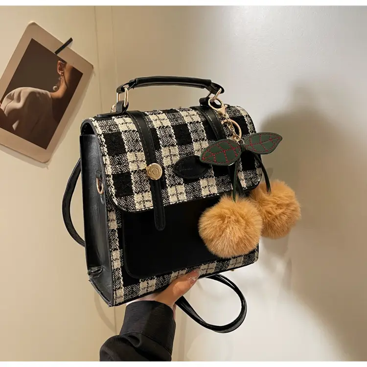 Women's 2025 Crossbody Bag Brown Plaid Pom Pom — feature 50