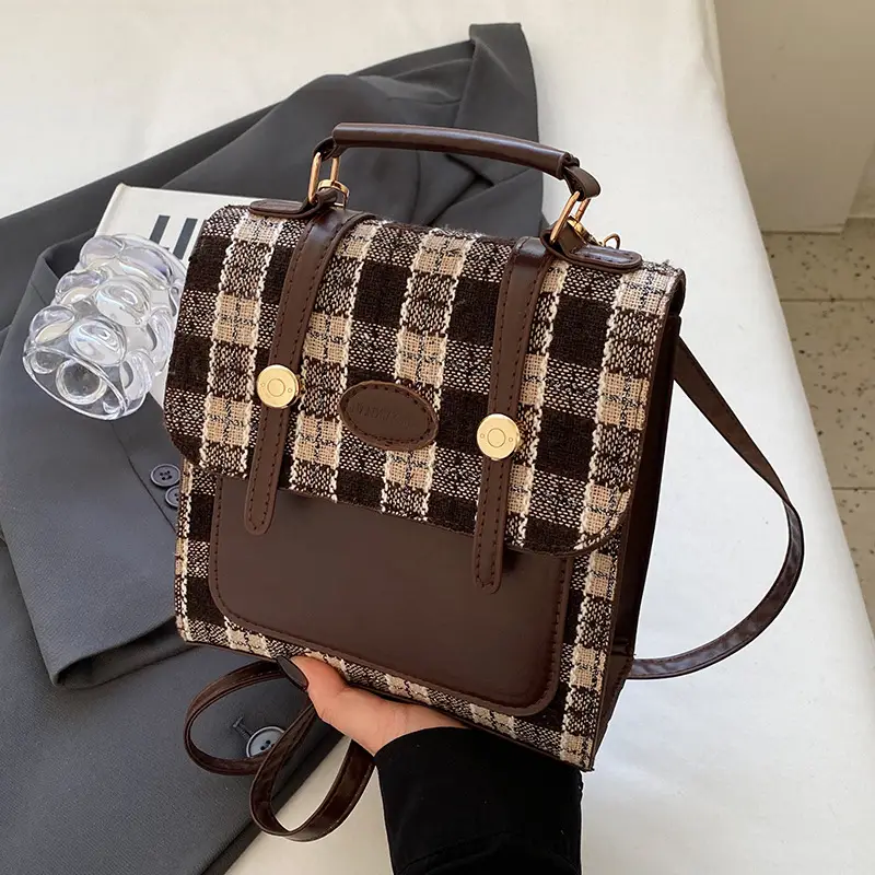 Women's 2025 Crossbody Bag Brown Plaid Pom Pom - Image 2