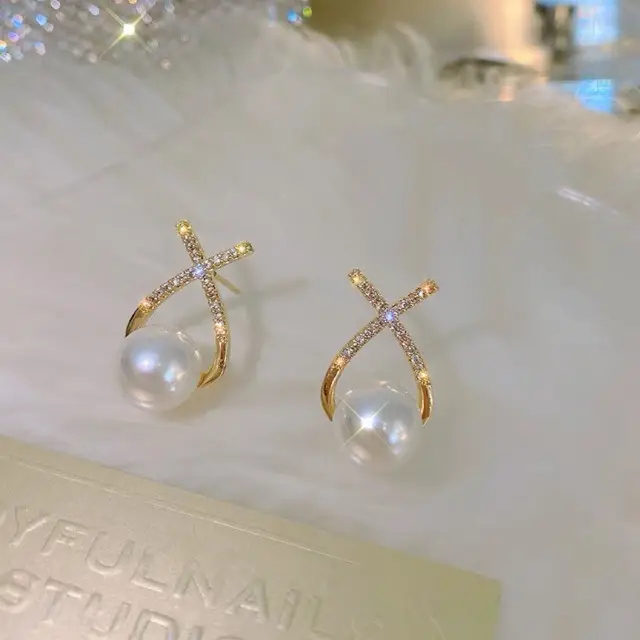 Natural Freshwater Pearl Cross Earrings for Women