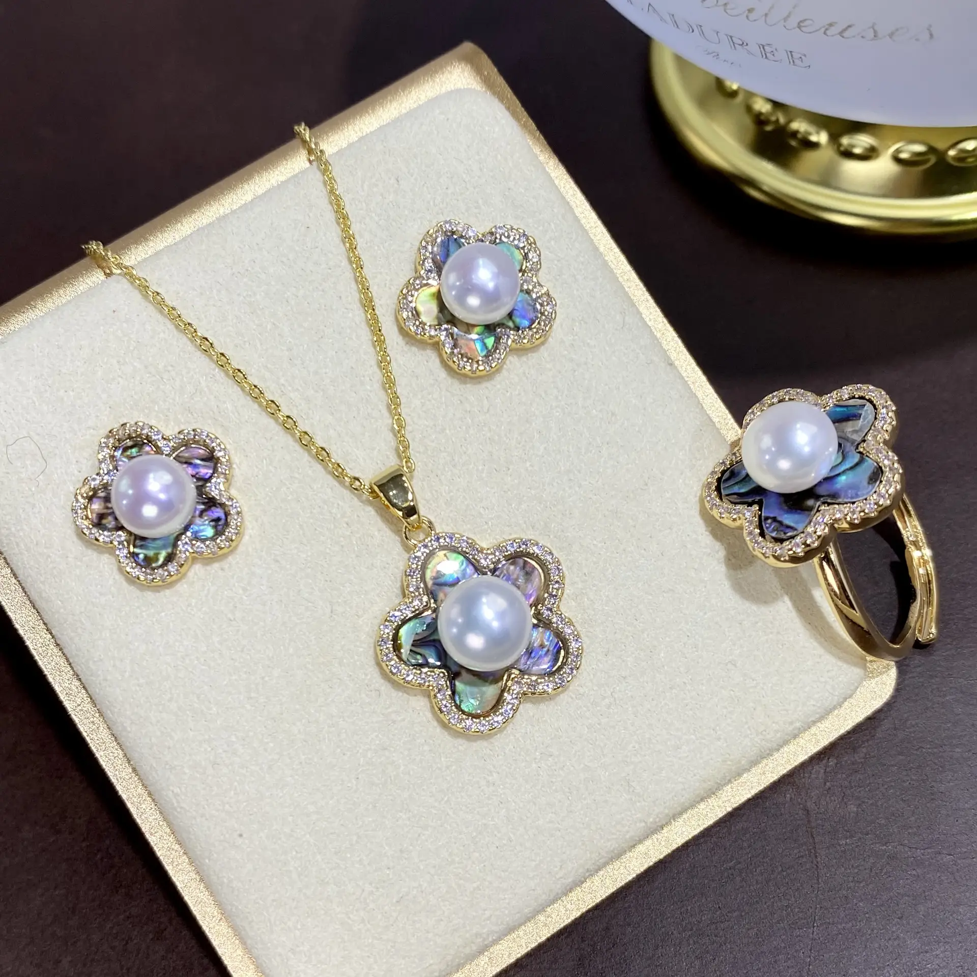 TikTok Explosions Natural Freshwater Pearl Abalone Suit Three-piece Set Women's Ring Earring Pendant s925 - Image 3
