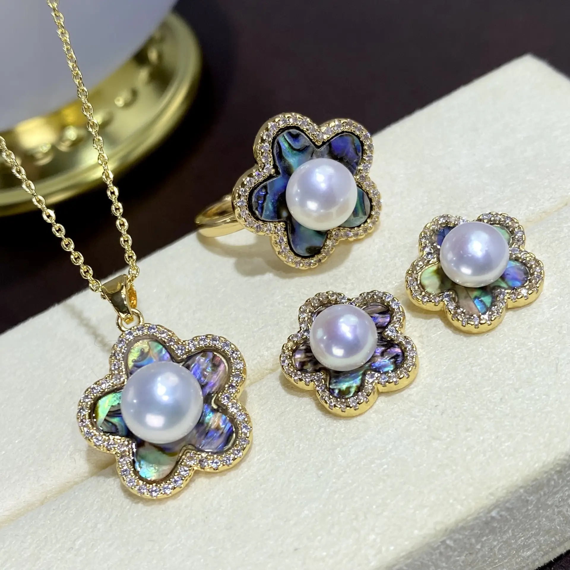 TikTok Explosions Natural Freshwater Pearl Abalone Suit Three-piece Set Women's Ring Earring Pendant s925 - Image 4
