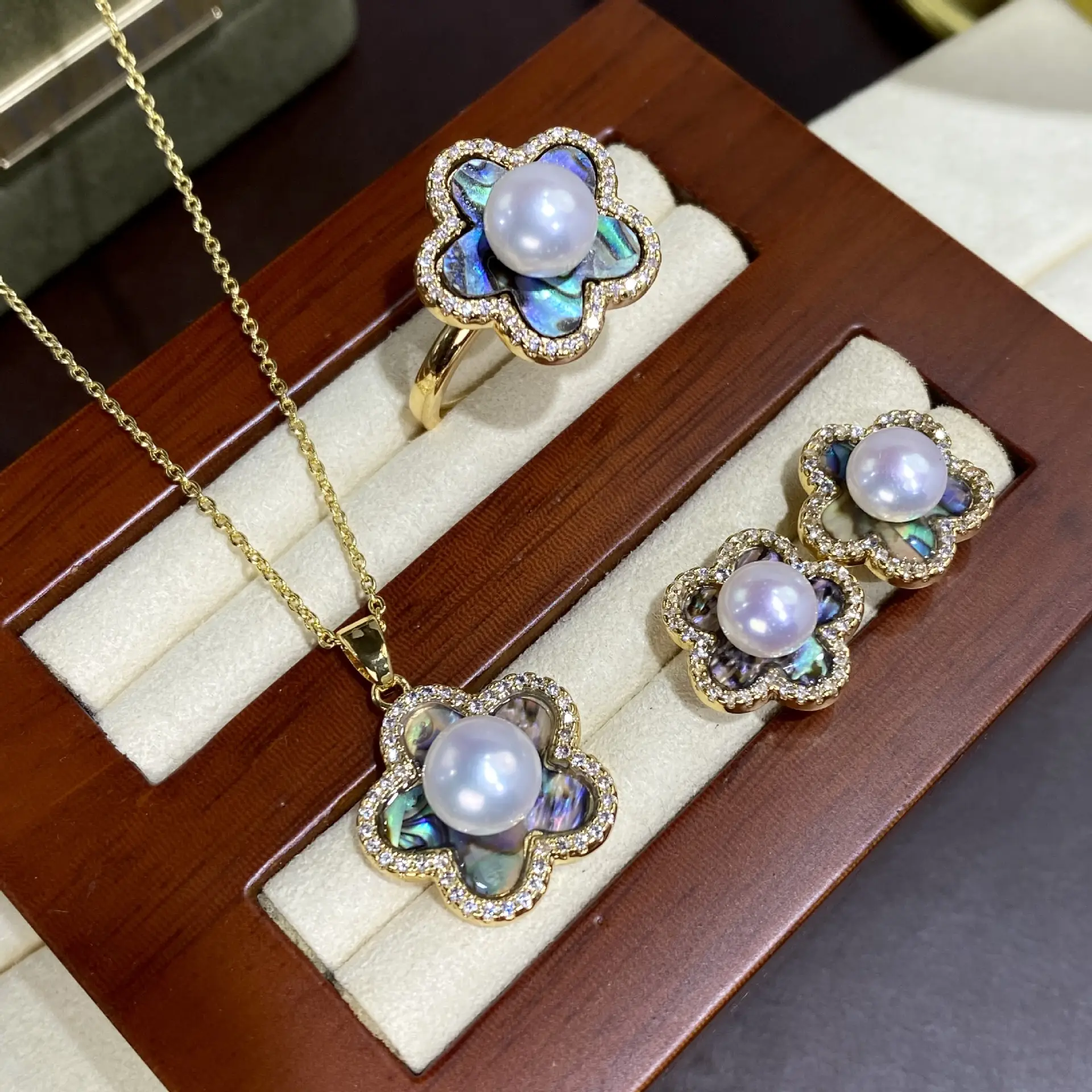 TikTok Explosions Natural Freshwater Pearl Abalone Suit Three-piece Set Women's Ring Earring Pendant s925 - Image 5