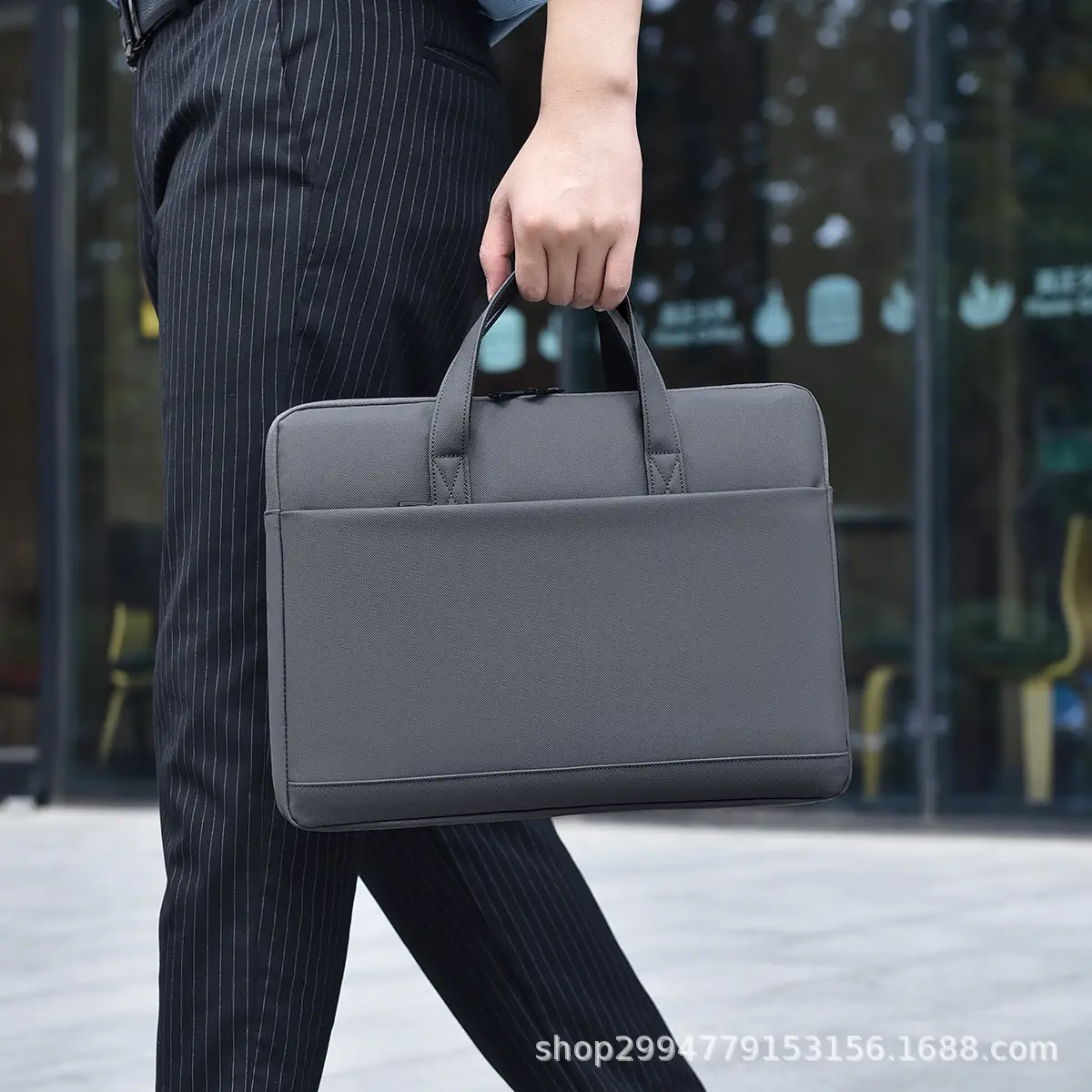 Men's Grey Leather Laptop Bag with Strap - Image 4