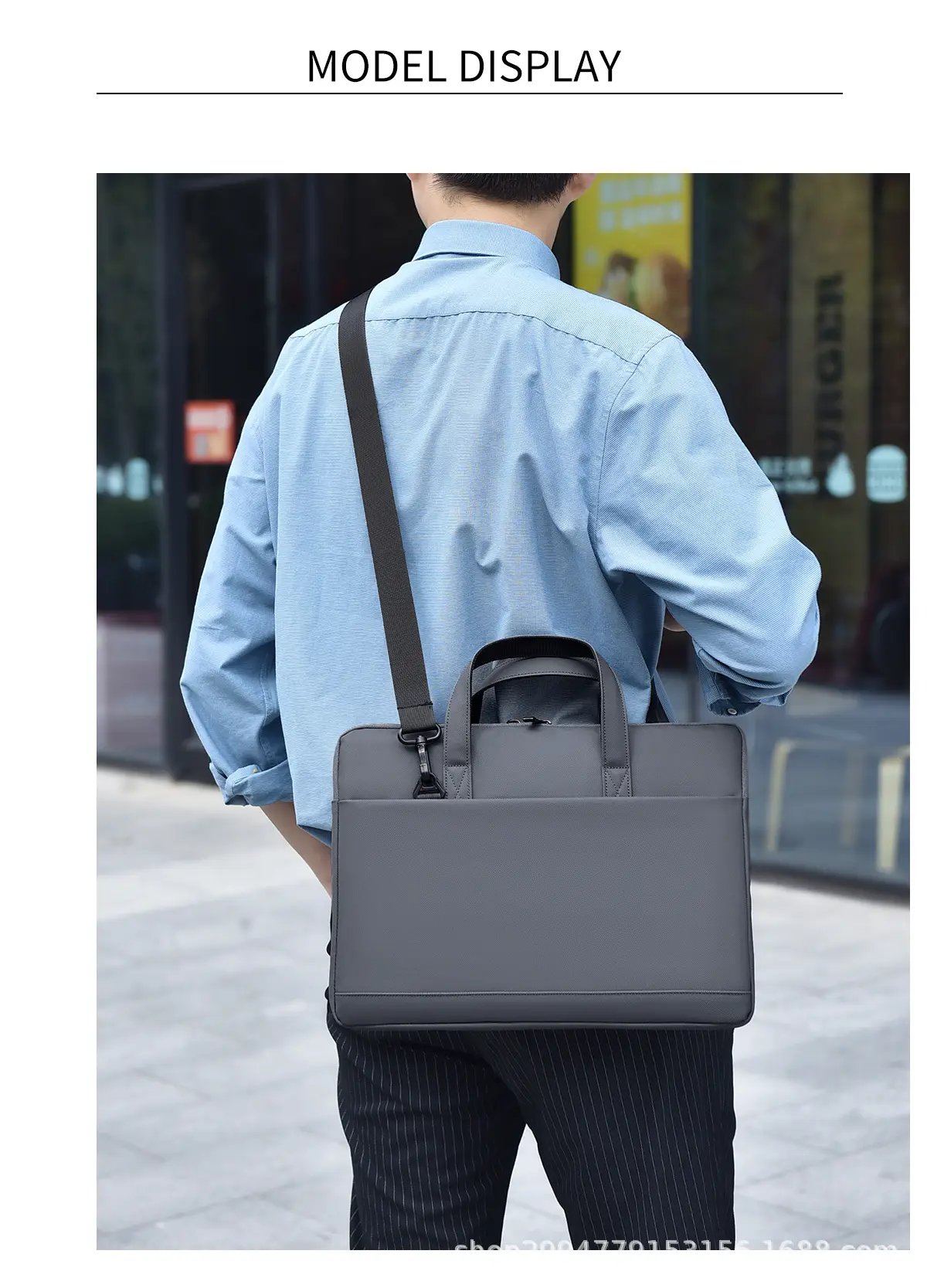 Men's Grey Leather Laptop Bag with Strap — feature 12
