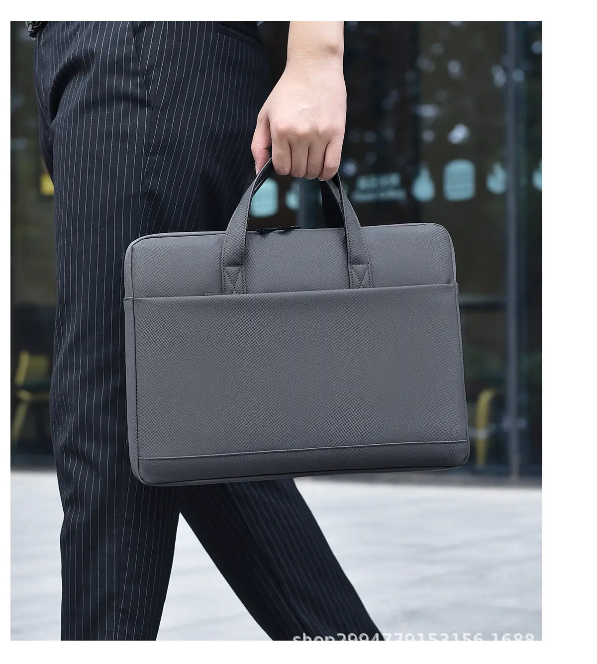 Men's Grey Leather Laptop Bag with Strap — feature 16