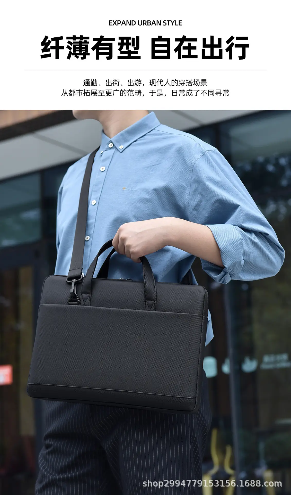 Men's Grey Leather Laptop Bag with Strap — feature 3