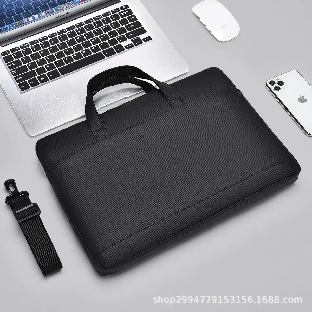 Men's Grey Leather Laptop Bag with Strap - Image 2