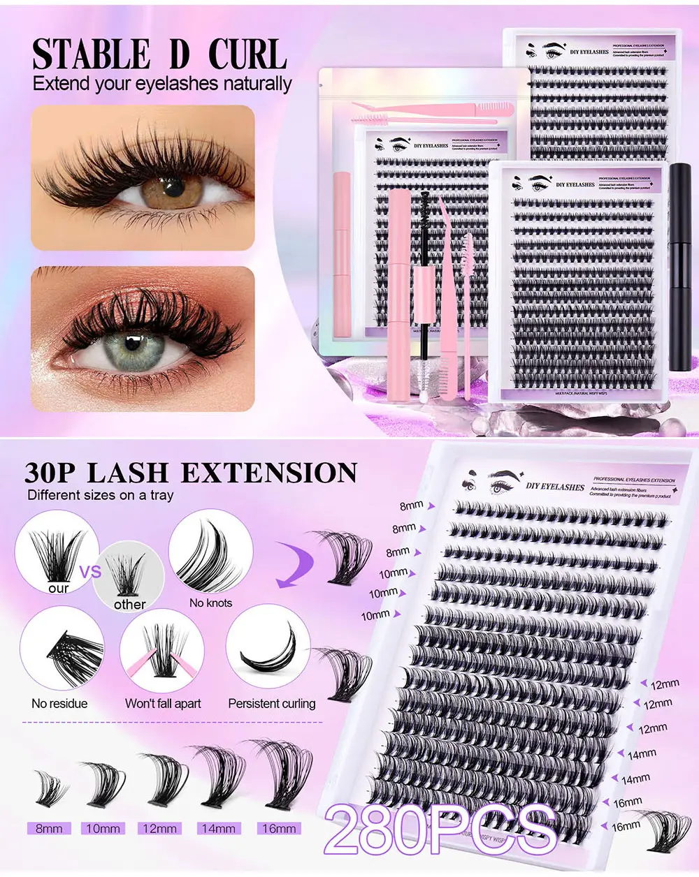 30P D-Curved False Eyelashes 8-16mm DIY Grafted — feature 13