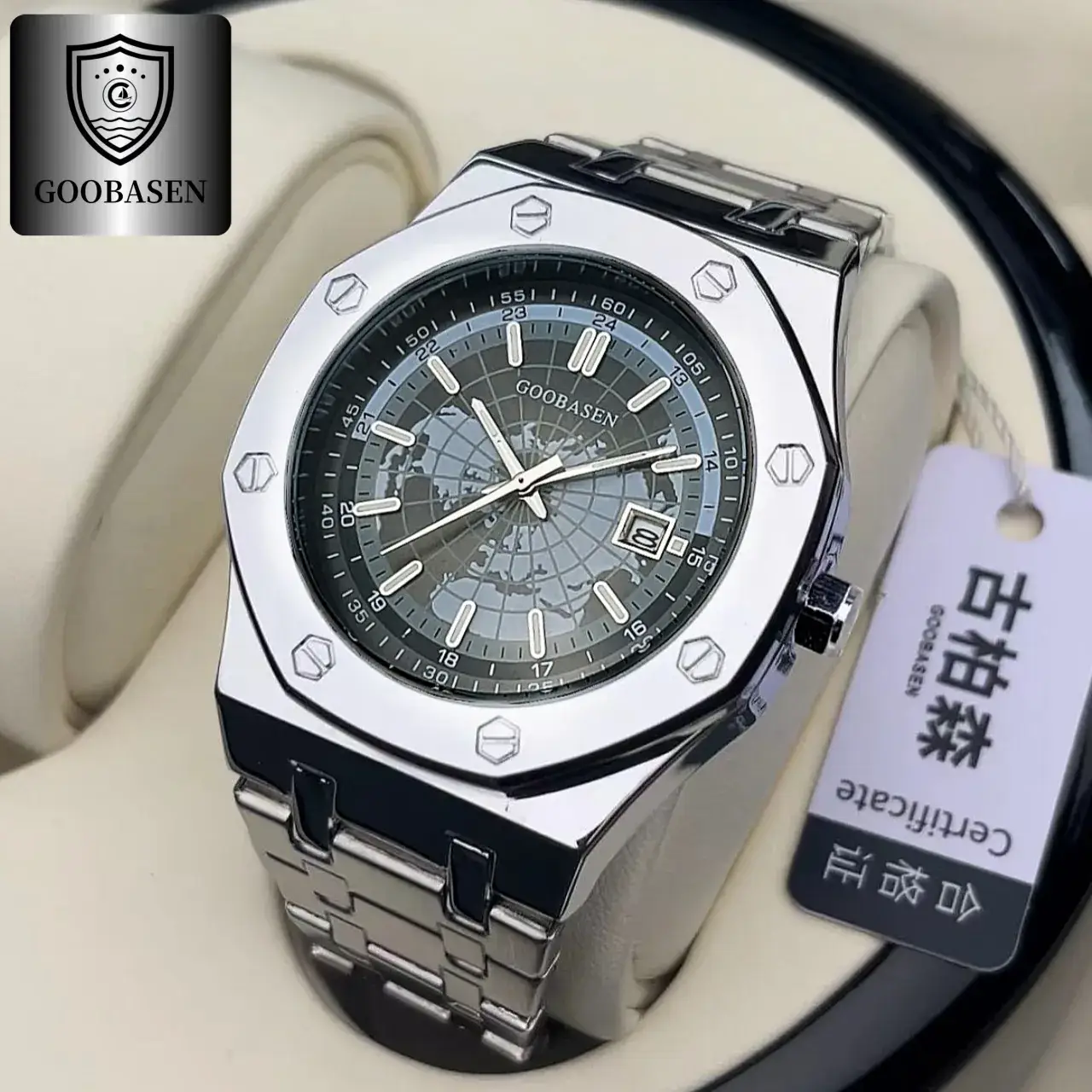 Men's Stainless Steel Analog Watch with Calendar & Water Resistant