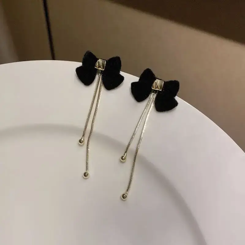 Black Bow Pearl Tassel Earrings for Women - Image 5