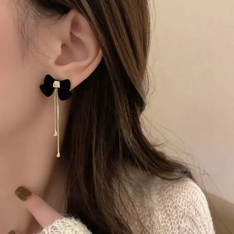 Black Bow Pearl Tassel Earrings for Women - Image 6