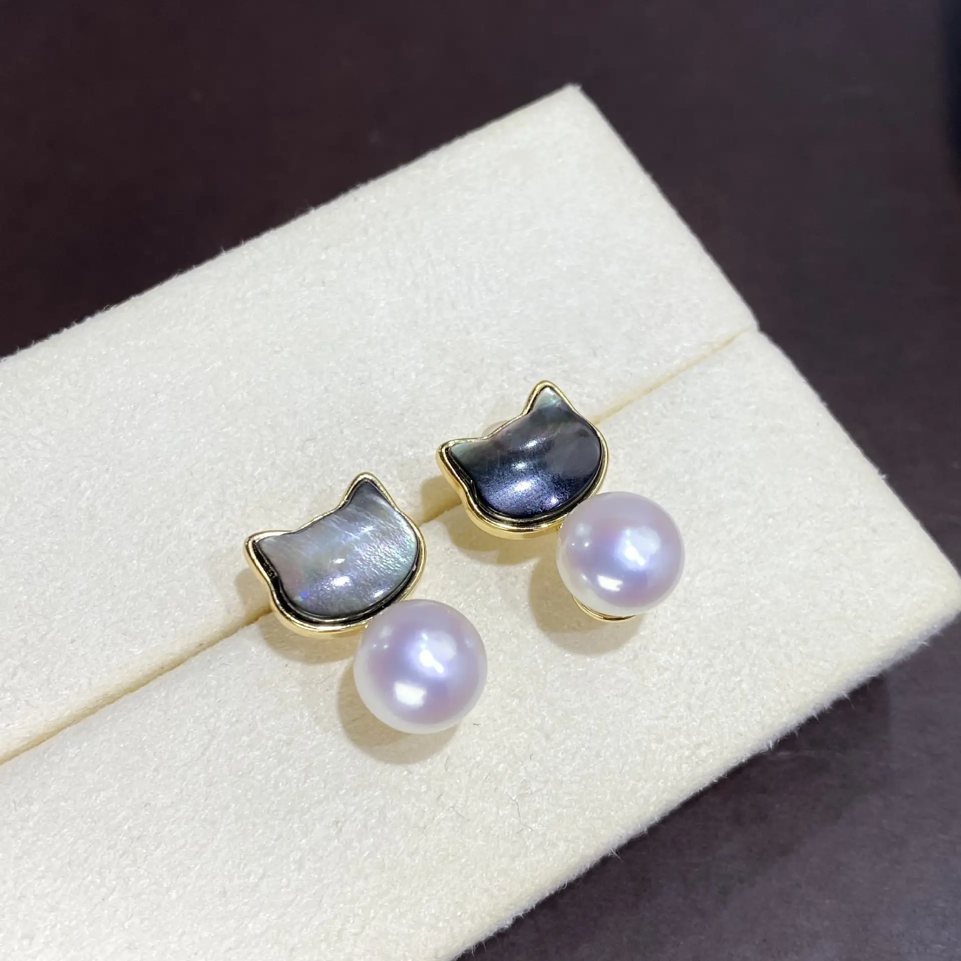 Women's Black Cat Pearl Earrings Set S925 Gold - Image 4