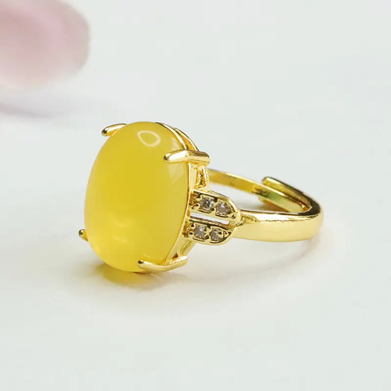 Guan Yu Natural Amber Ring Gold Plated Ethnic Style - Image 3