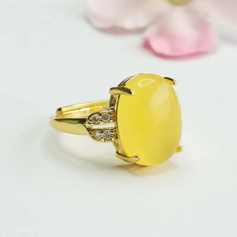 Guan Yu Natural Amber Ring Gold Plated Ethnic Style - Image 4