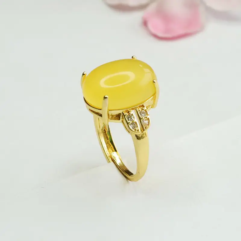 Guan Yu Natural Amber Ring Gold Plated Ethnic Style - Image 5