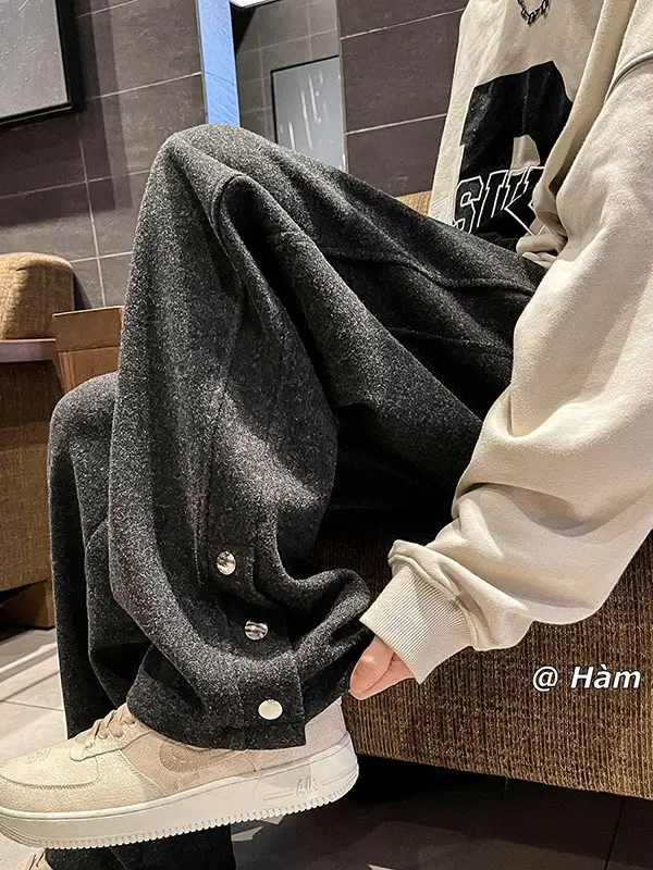 Men Woolen Laid-back Pants Wide-leg Button Front - Image 3