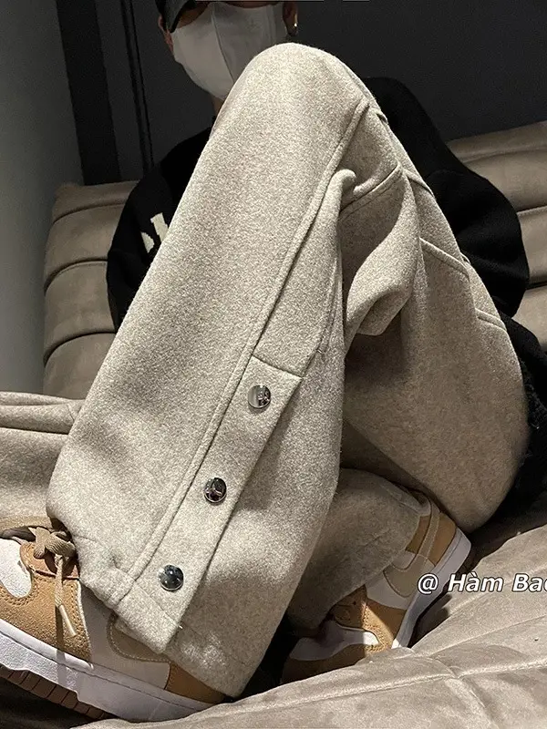 Men Woolen Laid-back Pants Wide-leg Button Front - Image 5
