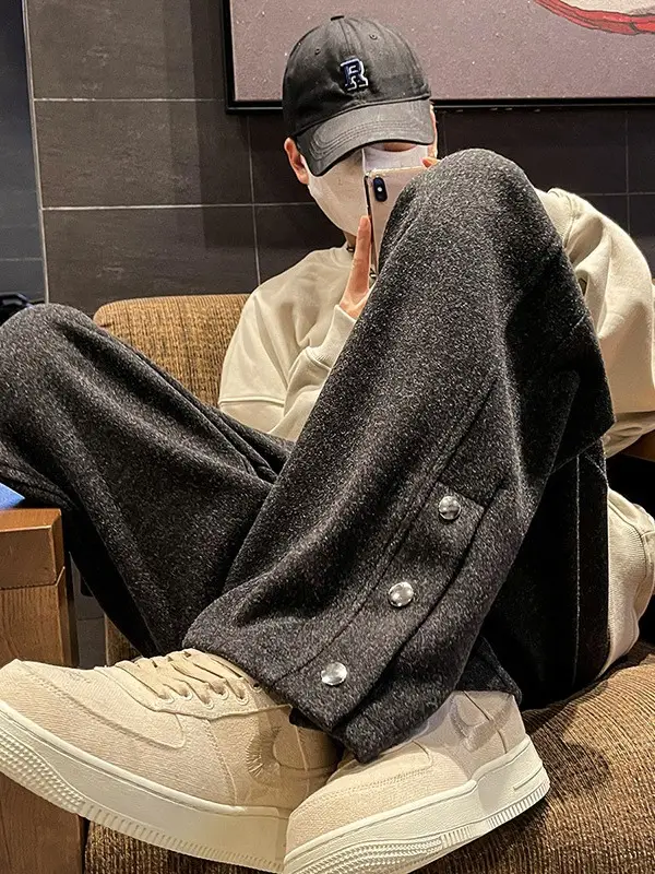 Men Woolen Laid-back Pants Wide-leg Button Front - Image 6