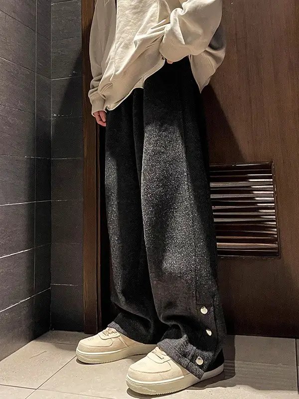 Men Woolen Laid-back Pants Wide-leg Button Front - Image 7