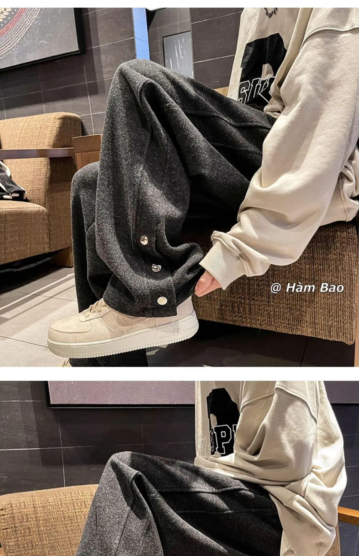 Men Woolen Laid-back Pants Wide-leg Button Front — feature 3