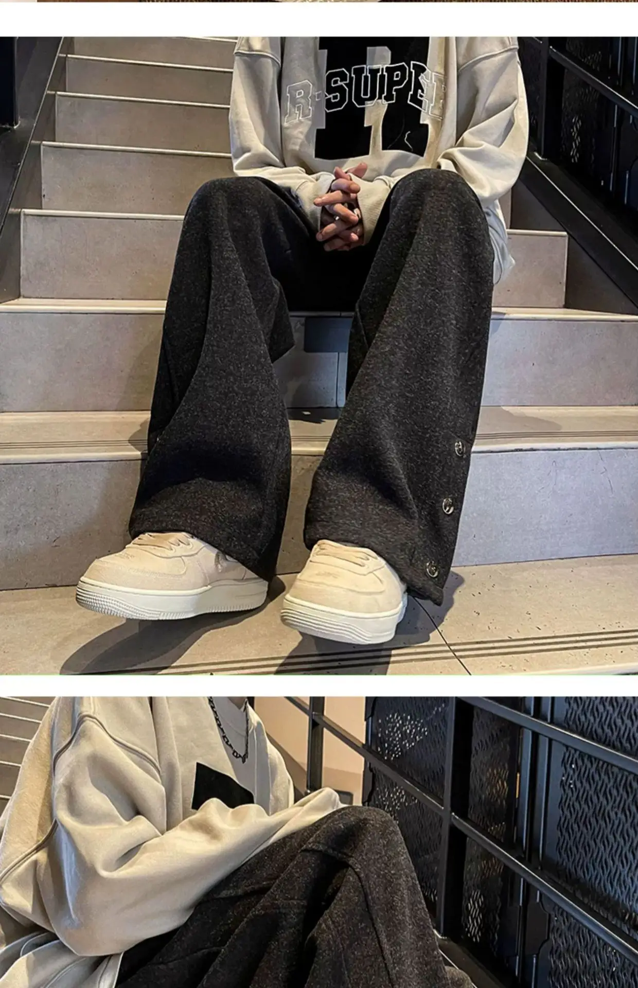 Men Woolen Laid-back Pants Wide-leg Button Front — feature 5
