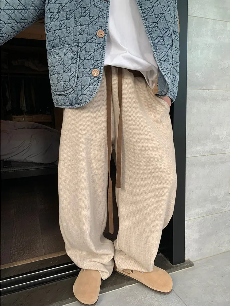Herringbone Woolen Men's Retro Pants Beige - Image 2