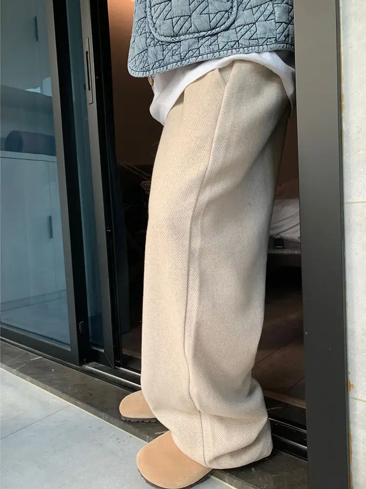 Herringbone Woolen Men's Retro Pants Beige - Image 3