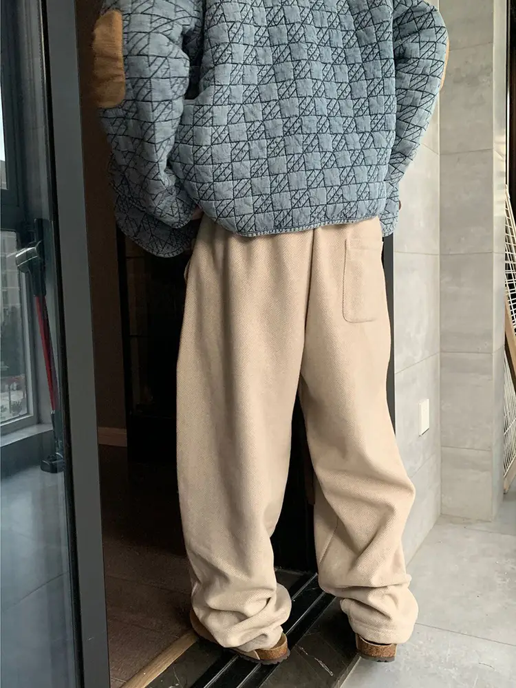 Herringbone Woolen Men's Retro Pants Beige - Image 4