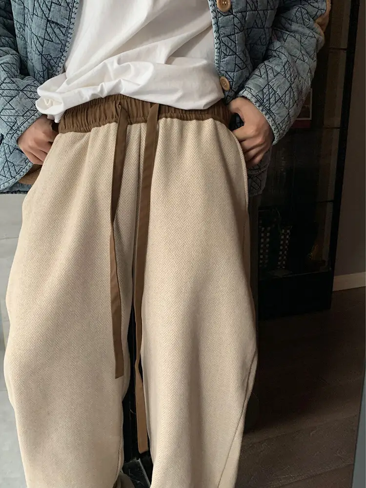 Herringbone Woolen Men's Retro Pants Beige - Image 5