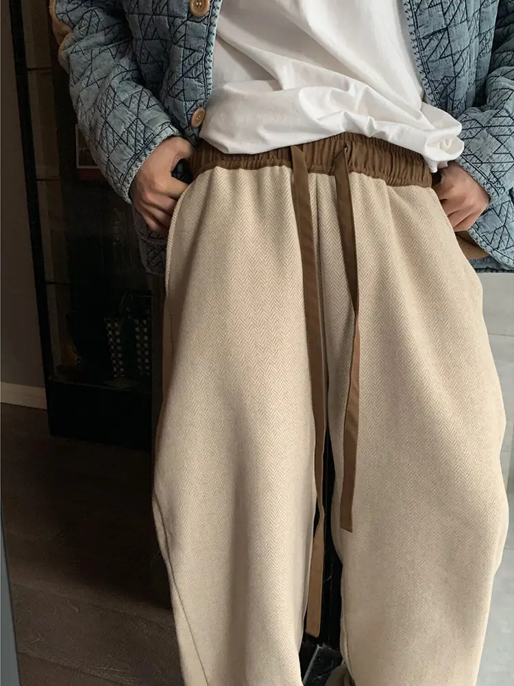 Herringbone Woolen Men's Retro Pants Beige — feature 3