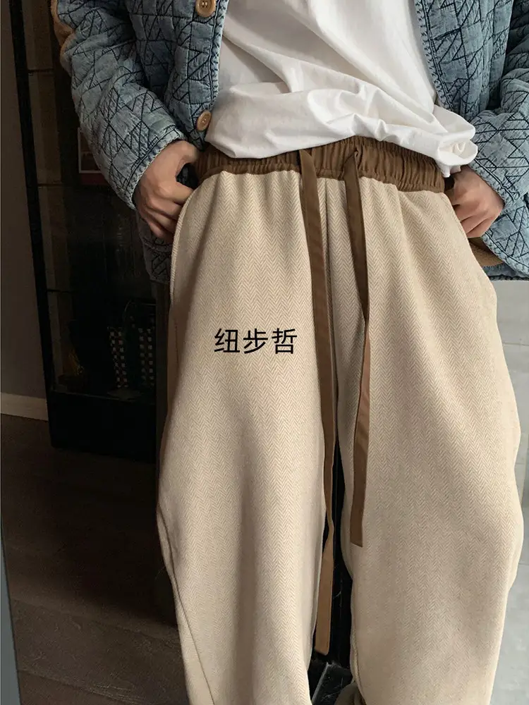 Herringbone Woolen Men's Retro Pants Beige — feature 8
