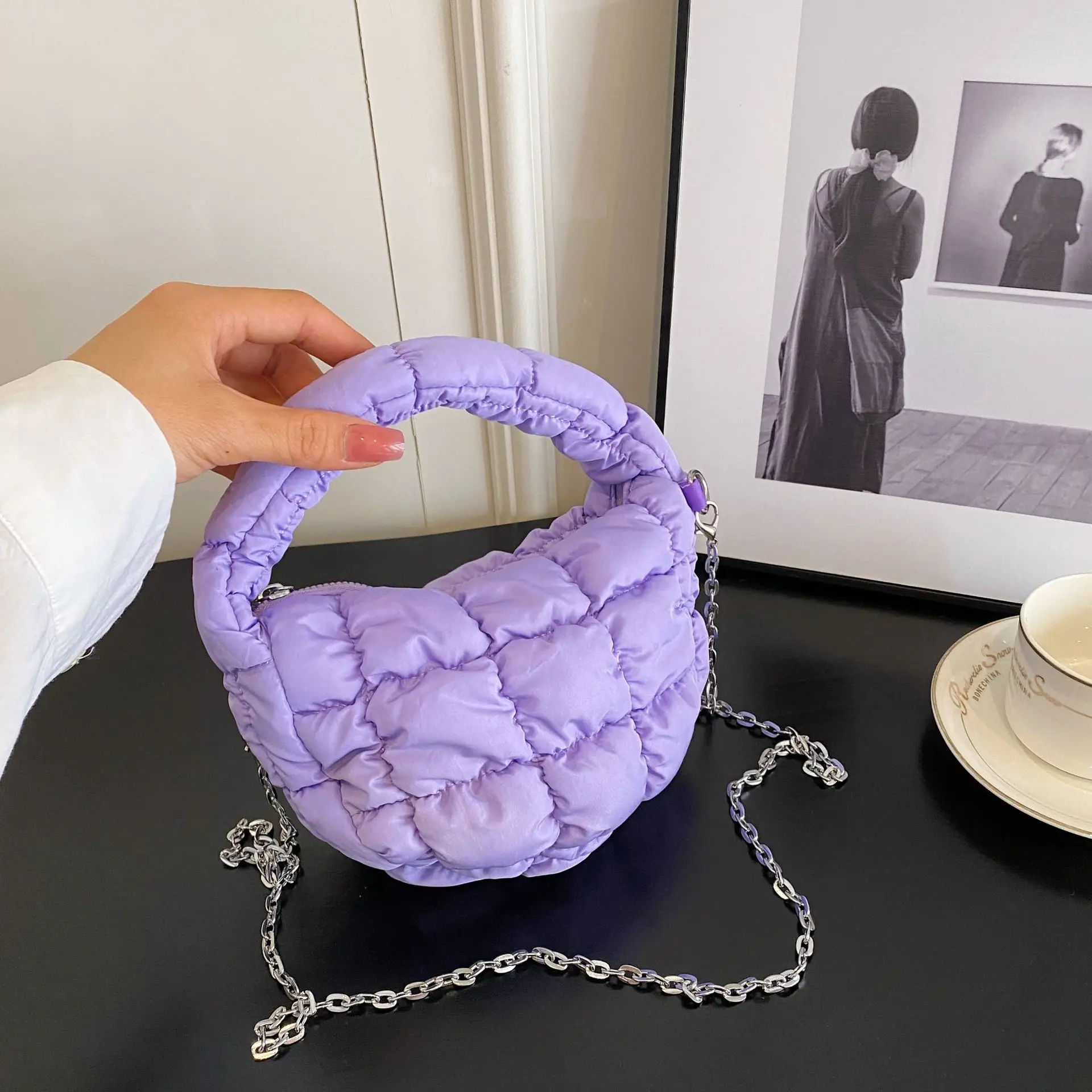 Orange Down Puffer Shoulder Bag with Chain - Image 2
