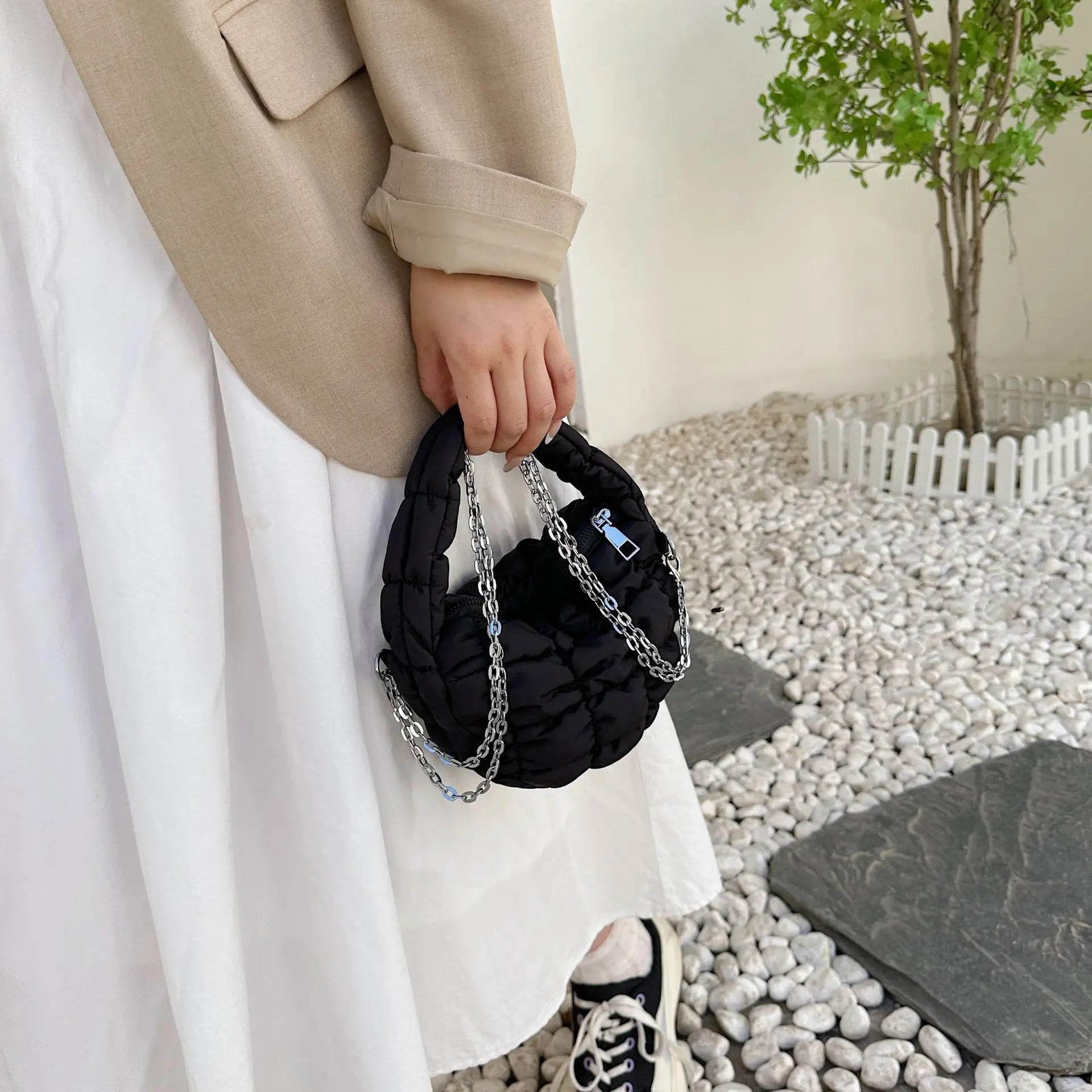 Orange Down Puffer Shoulder Bag with Chain - Image 3