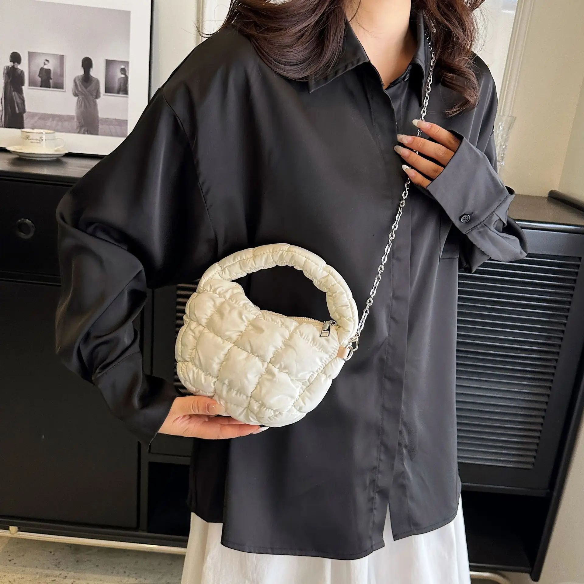 Orange Down Puffer Shoulder Bag with Chain - Image 4