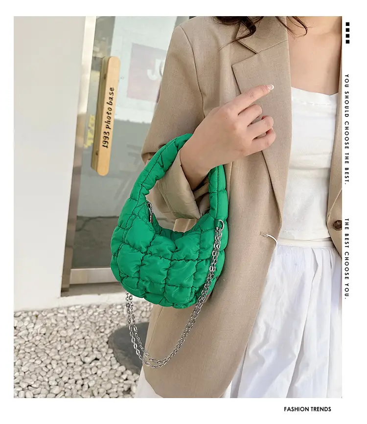 Orange Down Puffer Shoulder Bag with Chain — feature 1