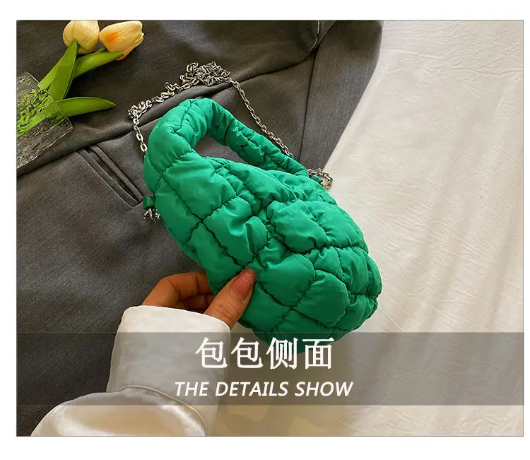 Orange Down Puffer Shoulder Bag with Chain — feature 10