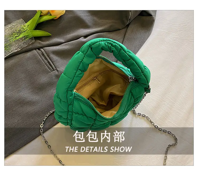 Orange Down Puffer Shoulder Bag with Chain — feature 12