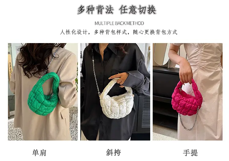 Orange Down Puffer Shoulder Bag with Chain — feature 15