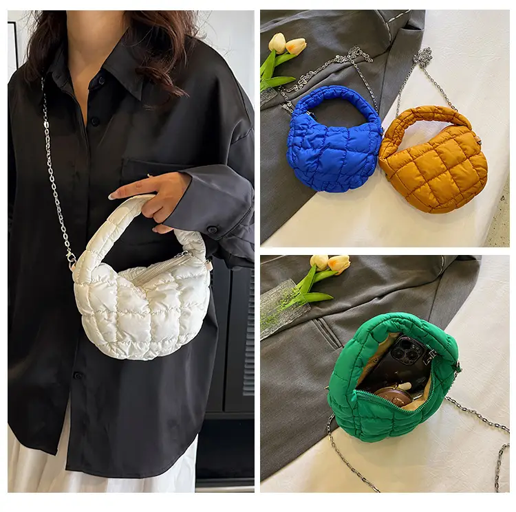 Orange Down Puffer Shoulder Bag with Chain — feature 17