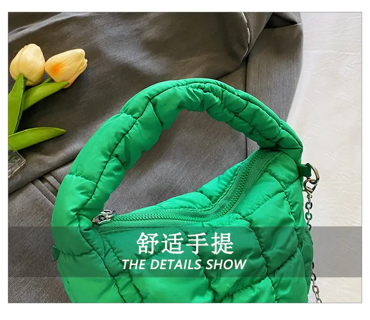 Orange Down Puffer Shoulder Bag with Chain — feature 6
