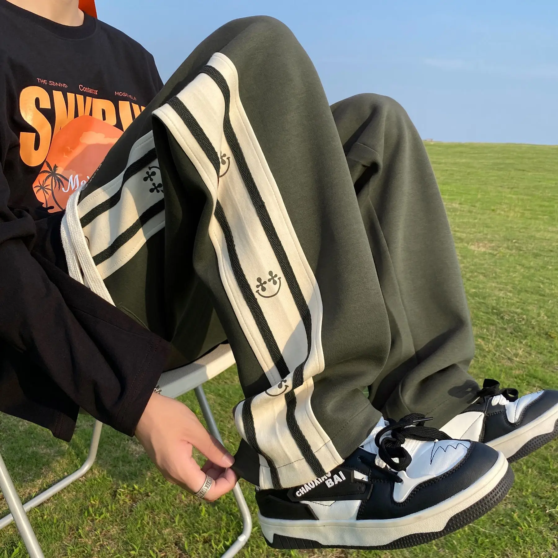 American Boys Striped Sports Sweatpants Black White Grey - Image 2