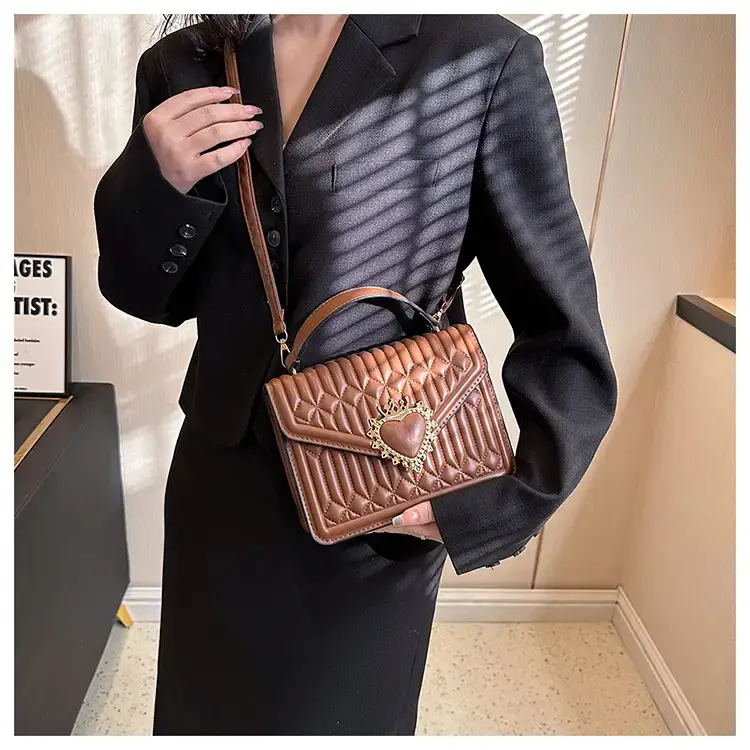 Women's Brown Quilted Shoulder Crossbody Bag with Heart Charm - Image 8