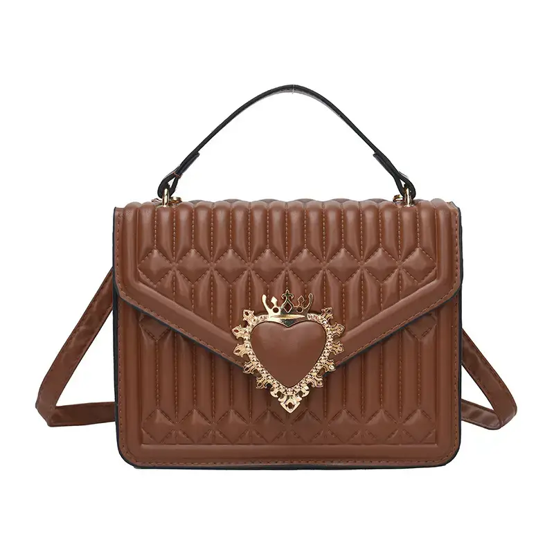 Women's Brown Quilted Shoulder Crossbody Bag with Heart Charm - Image 9